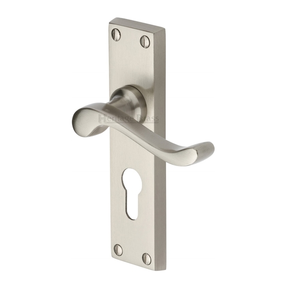 V807.48-SN • Euro Cylinder [47.5mm] • Satin Nickel • Heritage Brass Bedford Levers On Backplates