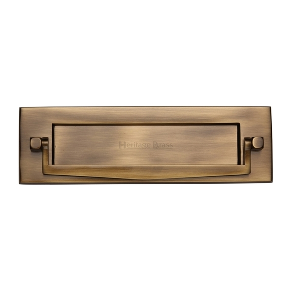 V830-AT • 253 x 079mm • Antique Brass • Heritage Brass Victorian Sprung Letter Plate With Knocker