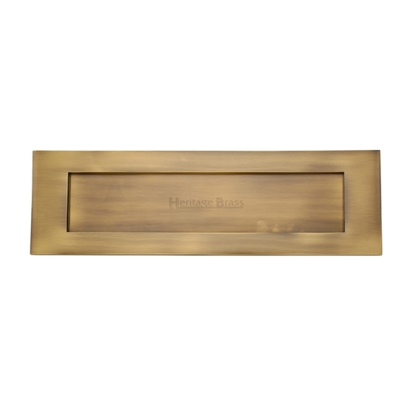 V850 406-AT • 411 x 129mm • Antique Brass • Heritage Brass Victorian Sprung Flap Letter Plate