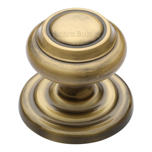 V905-AT • 89mm Rose x 76mm Knob • Antique Brass • Heritage Brass Ringed Centre Door Knob