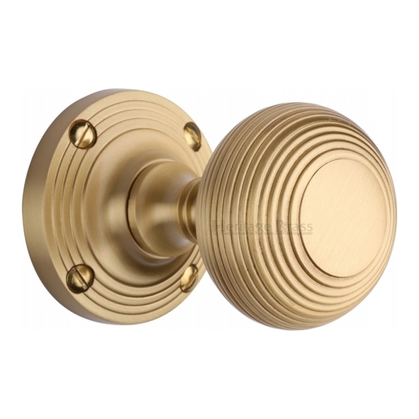 V971-SB • Satin Brass • Heritage Brass Reeded Mortice Knobs On Round Roses