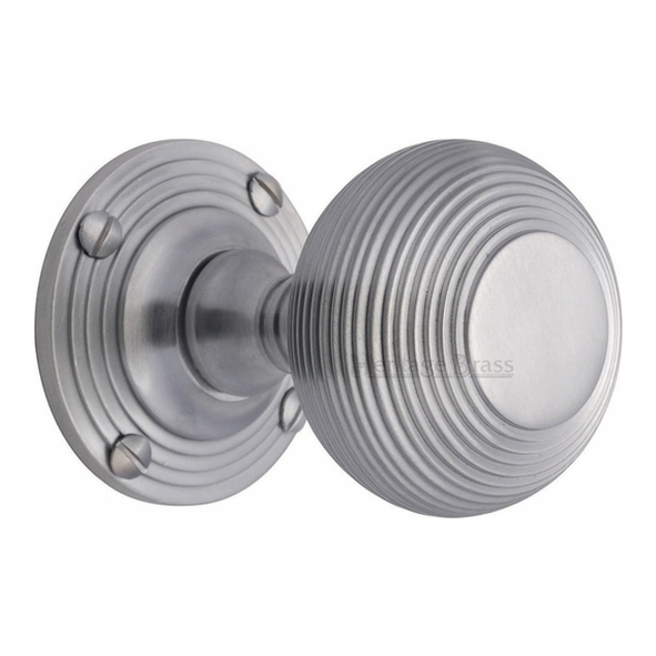 V971-SC • Satin Chrome • Heritage Brass Reeded Mortice Knobs On Round Roses