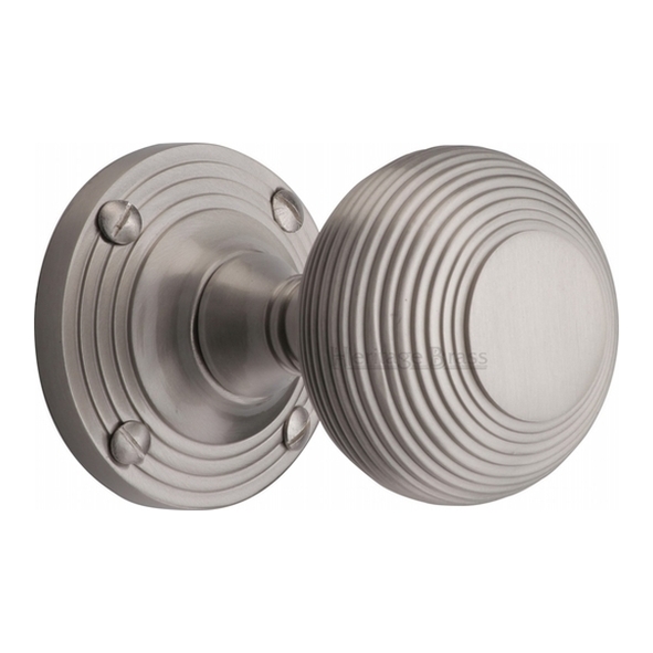 V971-SN • Satin Nickel • Heritage Brass Reeded Mortice Knobs On Round Roses
