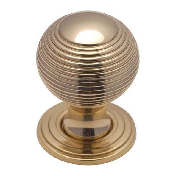 V973 32-PB  32 x 32 x 43mm  Polished Brass  Heritage Brass Reeded On Rose Cabinet Knob