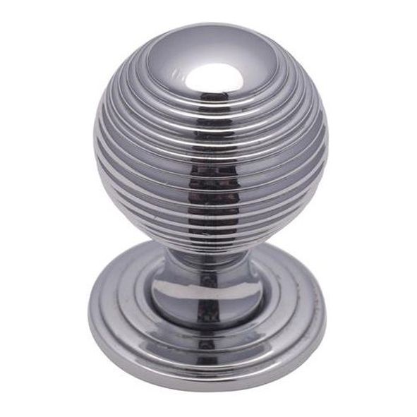 V973 32-PC  32 x 32 x 43mm  Polished Chrome  Heritage Brass Reeded On Rose Cabinet Knob