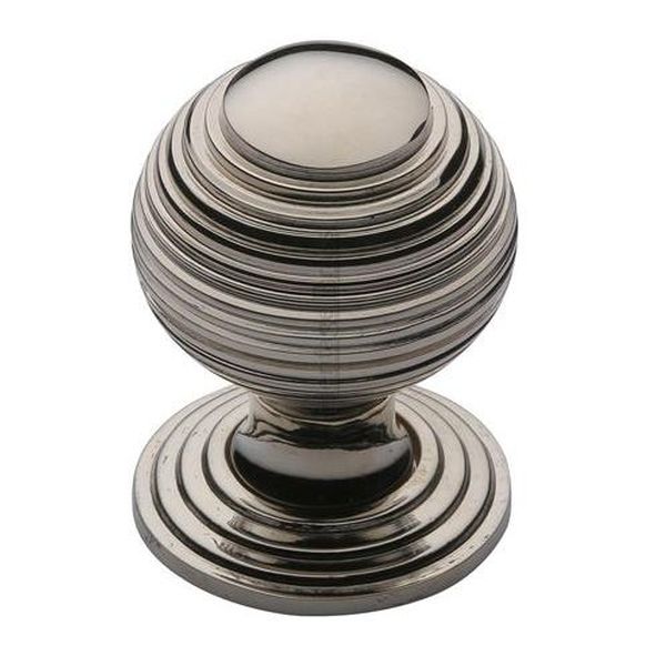 V973 32-PNF • 32 x 32 x 43mm • Polished Nickel • Heritage Brass Reeded On Rose Cabinet Knob