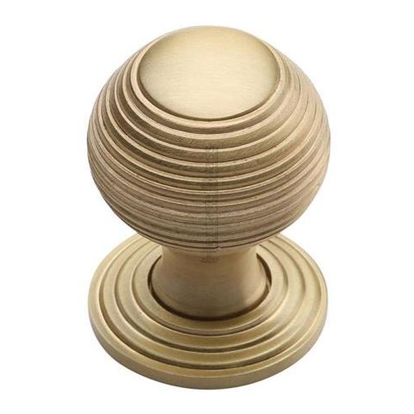 V973 32-SB  32 x 32 x 43mm  Satin Brass  Heritage Brass Reeded On Rose Cabinet Knob