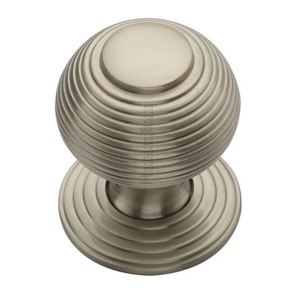 V973 32-SN  32 x 32 x 43mm  Satin Nickel  Heritage Brass Reeded On Rose Cabinet Knob