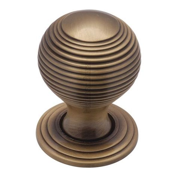 V973 38-AT • 38 x 38 x 48mm • Antique Brass • Heritage Brass Reeded On Rose Cabinet Knob