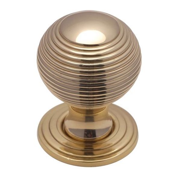 V973 38-PB  38 x 38 x 48mm  Polished Brass  Heritage Brass Reeded On Rose Cabinet Knob