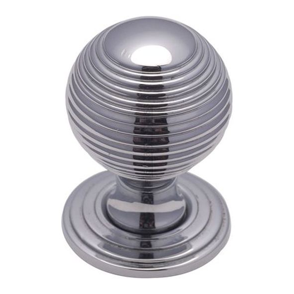 V973 38-PC  38 x 38 x 48mm  Polished Chrome  Heritage Brass Reeded On Rose Cabinet Knob