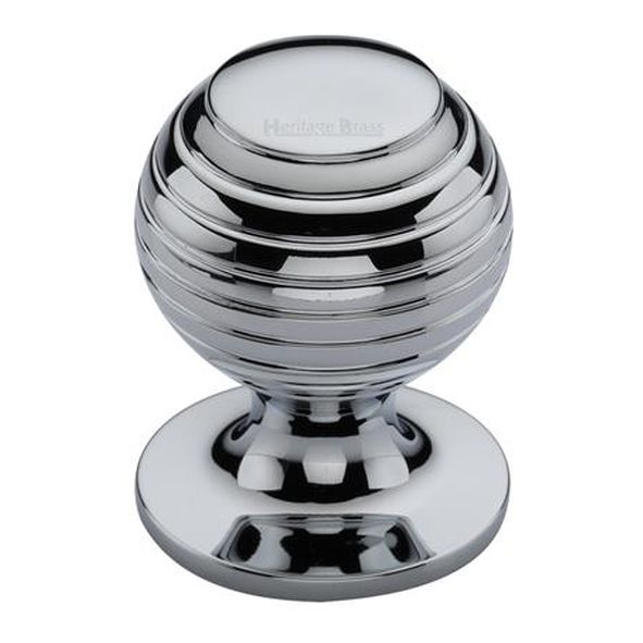 V976 32-PC • 32 x 32 x 43mm • Polished Chrome • Heritage Brass Beehive On Rose Cabinet Knob