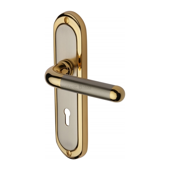 VIE3300-JP • Standard Lock [57mm] • Satin Nickel / Gold • Heritage Brass Vienna Levers On Backplates