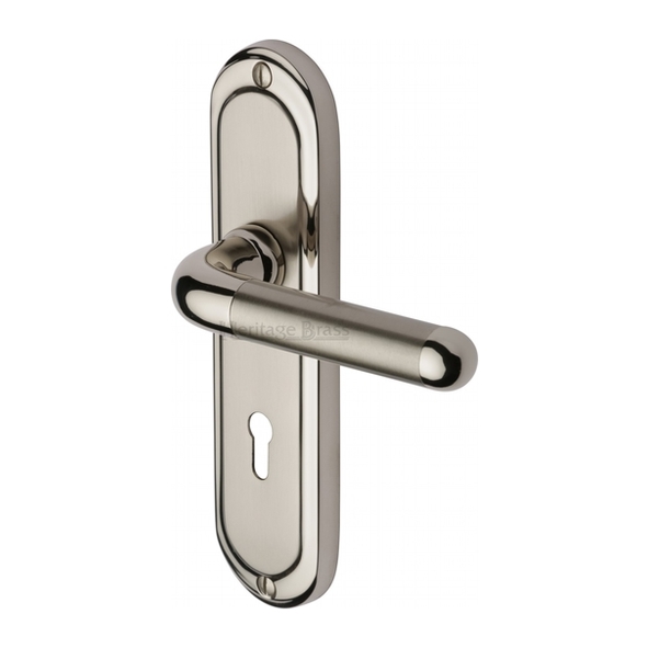 VIE3300-MC • Standard Lock [57mm] • Satin / Pol Nickel • Heritage Brass Vienna Levers On Backplates