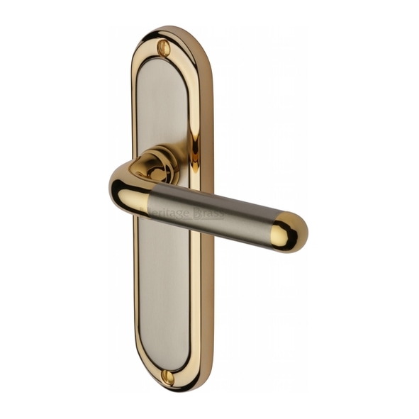 VIE3310-JP • Long Plate Latch • Satin Nickel / Gold • Heritage Brass Vienna Levers On Backplates