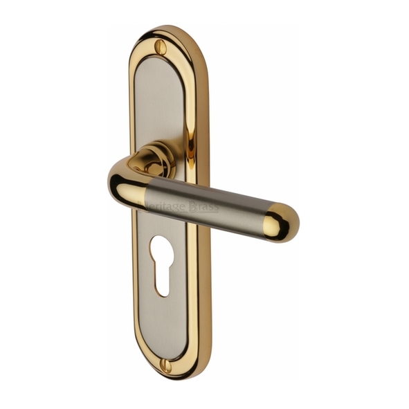 VIE3348-JP • Euro Cylinder [47.5mm] • Satin Nickel / Gold • Heritage Brass Vienna Levers On Backplates