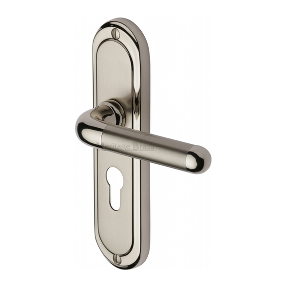 VIE3348-MC • Euro Cylinder [47.5mm] • Satin / Pol Nickel • Heritage Brass Vienna Levers On Backplates