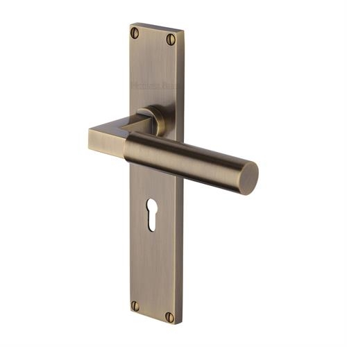 VT6300-AT � Standard Lock [57mm] � Antique Brass � Heritage Brass Bauhaus Levers On Backplates