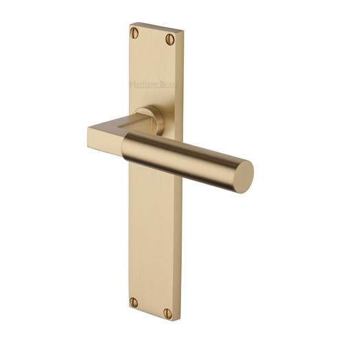 VT6310-SB � Long Plate Latch � Satin Brass � Heritage Brass Bauhaus Levers On Backplates