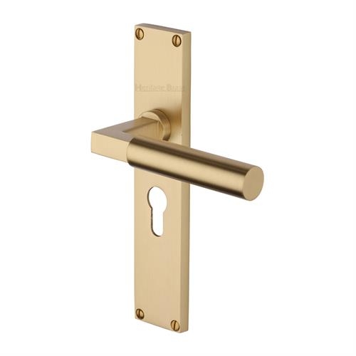 VT6348-SB � Euro Cylinder [47.5mm] � Satin Brass � Heritage Brass Bauhaus Levers On Backplates