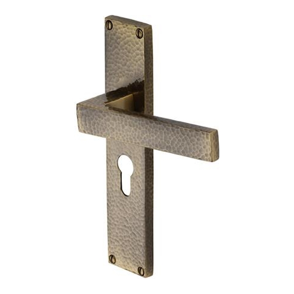 VTH3348-AT � Euro Cylinder [47.5mm] � Antique Brass � Heritage Brass Delta Hammered Levers On Backplates