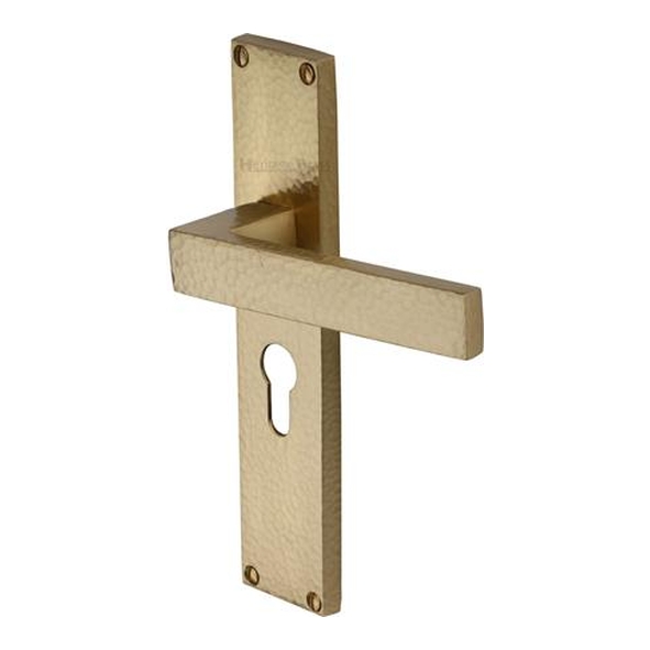 VTH3348-SB � Euro Cylinder [47.5mm] � Satin Brass � Heritage Brass Delta Hammered Levers On Backplates