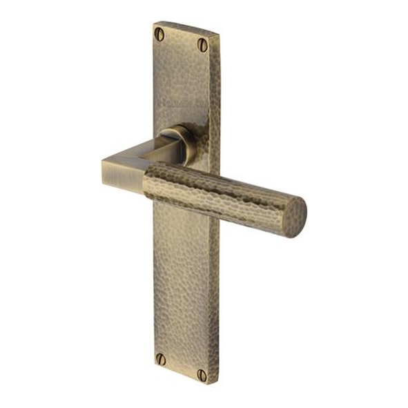 VTH4310-AT � Long Plate Latch � Antique Brass � Heritage Brass Bauhaus Hammered Levers On Backplates