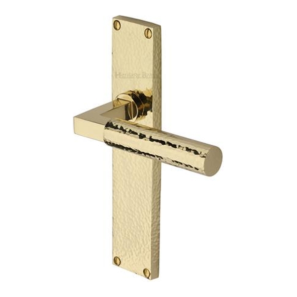 VTH4310-PB � Long Plate Latch � Polished Brass � Heritage Brass Bauhaus Hammered Levers On Backplates