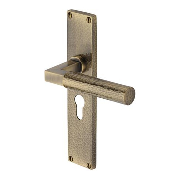 VTH4348-AT � Euro Cylinder [47.5mm] � Antique Brass � Heritage Brass Bauhaus Hammered Levers On Backplates