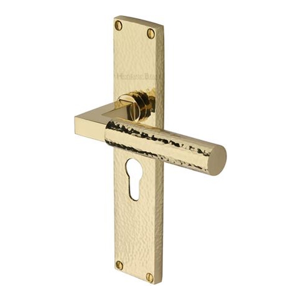 VTH4348-PB � Euro Cylinder [47.5mm] � Polished Brass � Heritage Brass Bauhaus Hammered Levers On Backplates