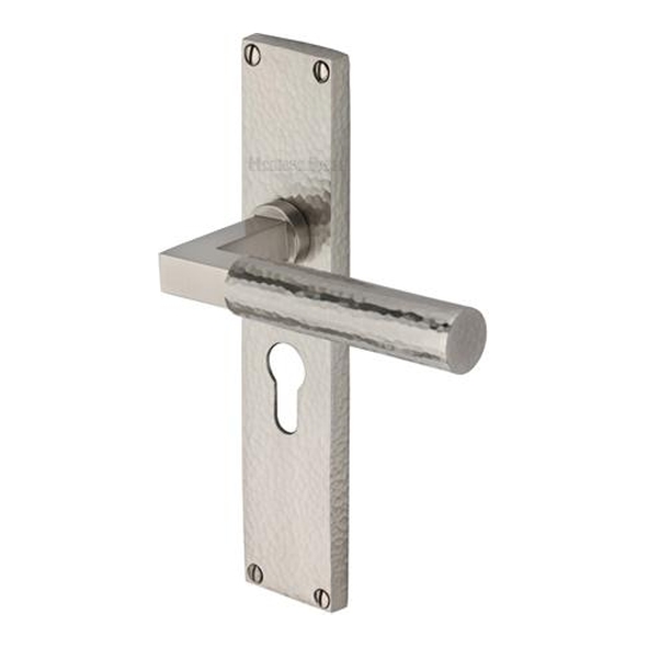 VTH4348-SN � Euro Cylinder [47.5mm] � Satin Nickel � Heritage Brass Bauhaus Hammered Levers On Backplates