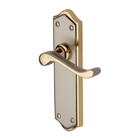 W4210-JP  Long Plate Latch  Satin Nickel / Gold  Heritage Brass Buckingham Levers On Backplates