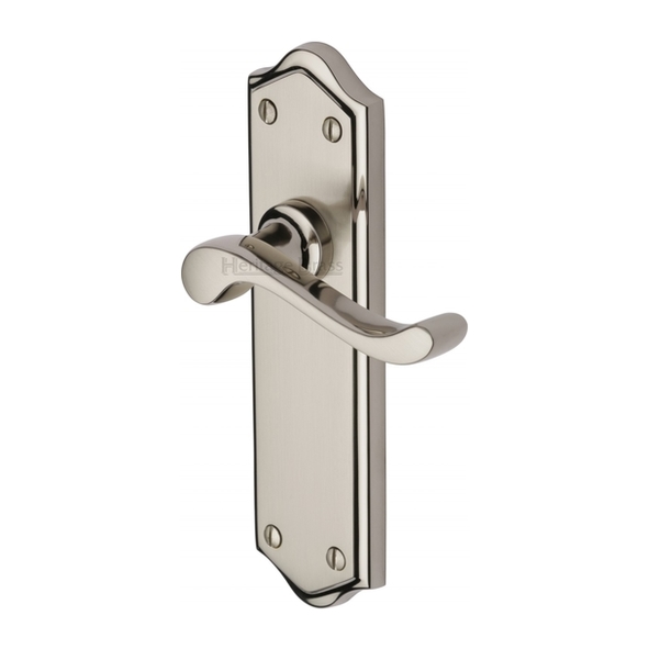 W4210-MC  Long Plate Latch  Satin / Polished Nickel  Heritage Brass Buckingham Levers On Backplates