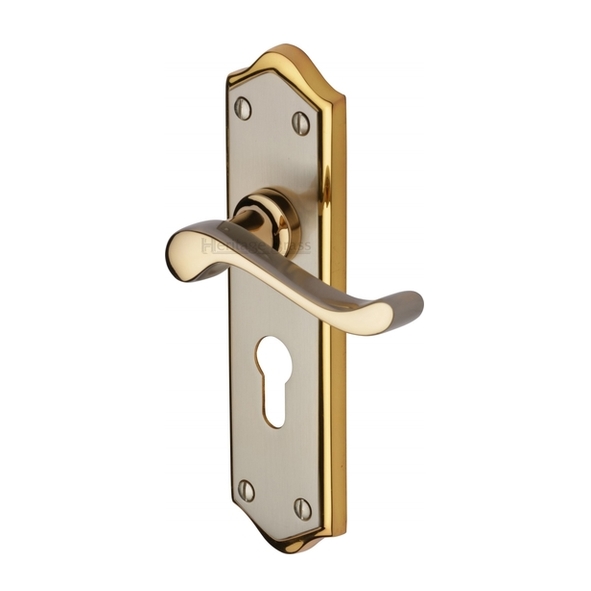 W4248-JP • Euro Cylinder [47.5mm] • Satin Nickel / Gold • Heritage Brass Buckingham Levers On Backplates