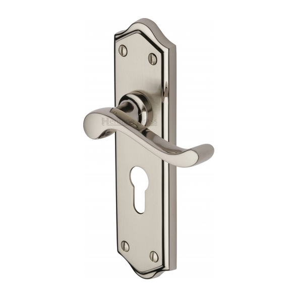 W4248-MC • Euro Cylinder [47.5mm] • Satin / Pol Nickel • Heritage Brass Buckingham Levers On Backplates