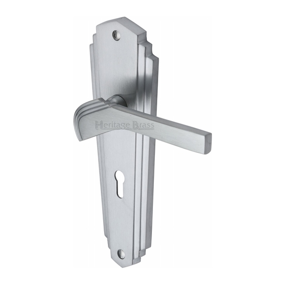 WAL6500-SC  Standard Lock [57mm]  Satin Chrome  Heritage Brass Waldorf Art Deco Levers On Backplates