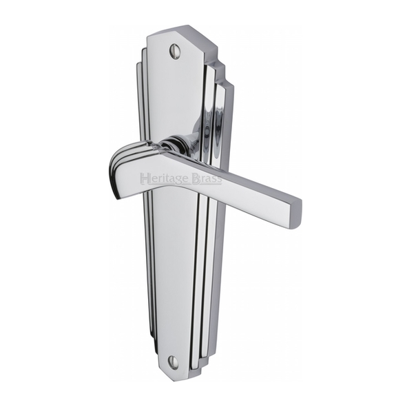 WAL6510-PC  Long Plate Latch  Polished Chrome  Heritage Brass Waldorf Art Deco Levers On Backplates