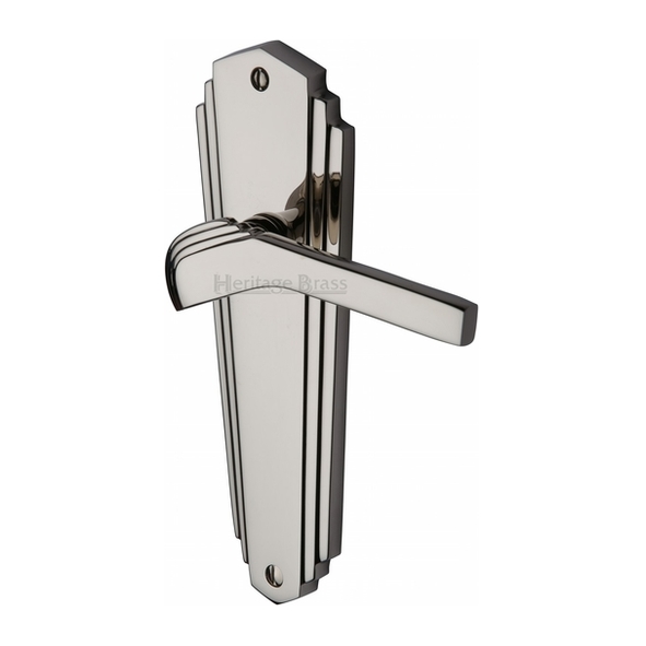 WAL6510-PNF • Long Plate Latch • Polished Nickel • Heritage Brass Waldorf Art Deco Levers On Backplates