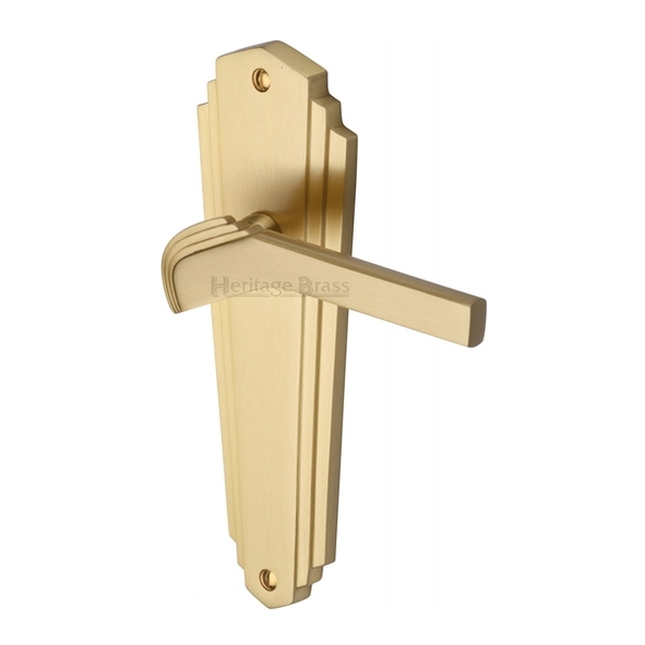 WAL6510-SB  Long Plate Latch  Satin Brass  Heritage Brass Waldorf Art Deco Levers On Backplates