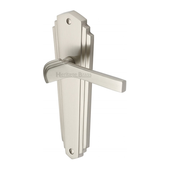 WAL6510-SN • Long Plate Latch • Satin Nickel • Heritage Brass Waldorf Art Deco Levers On Backplates