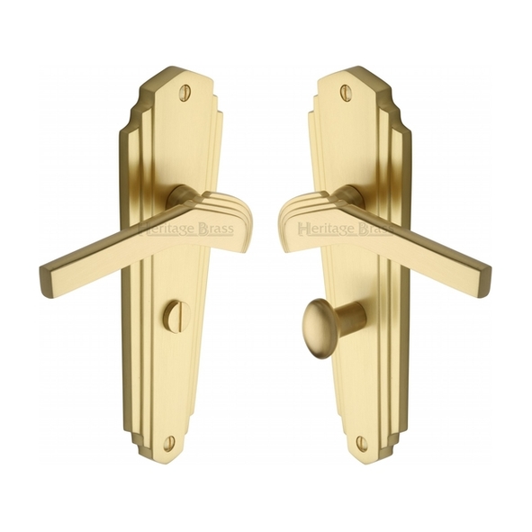 WAL6530-SB  Bathroom [57mm]  Satin Brass  Heritage Brass Waldorf Art Deco Levers On Backplates