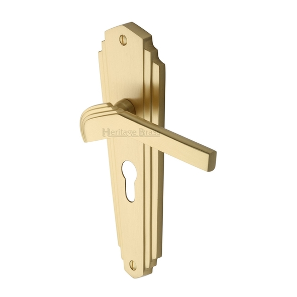 WAL6548-SB  Euro Cylinder [47.5mm]  Satin Brass  Heritage Brass Waldorf Art Deco Levers On Backplates