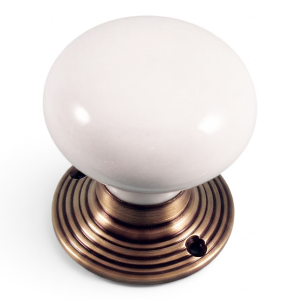 PDF1009R2/AB � White / Antique Brass � Period Ceramic Mushroom Mortice / Rim Knob Set With Ringed Roses