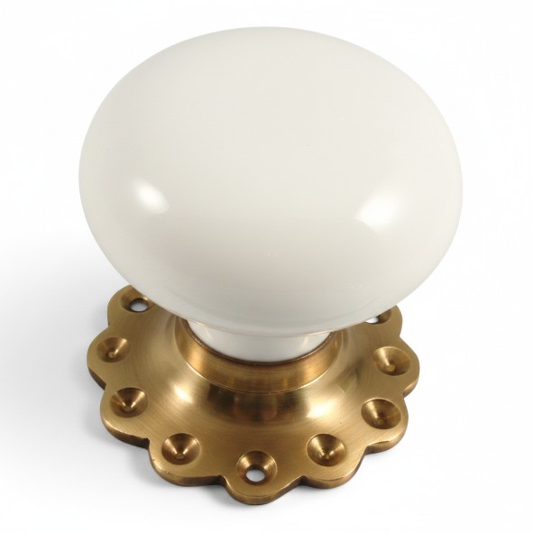 PDF1009F2/AB � White / Antique Brass � Period Ceramic Mushroom Mortice / Rim Knob Set With Flower Roses