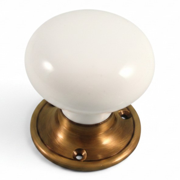 PDF1009P2/AB � White / Antique Brass � Period Ceramic Mushroom Mortice / Rim Knob Set With Classic Roses