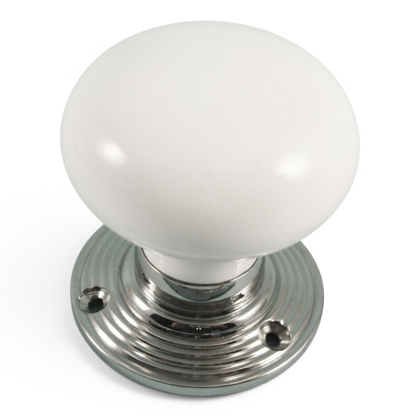 PDF1009R2/CP � White / Polished Chrome � Period Ceramic Mushroom Mortice / Rim Knob Set With Ringed Roses