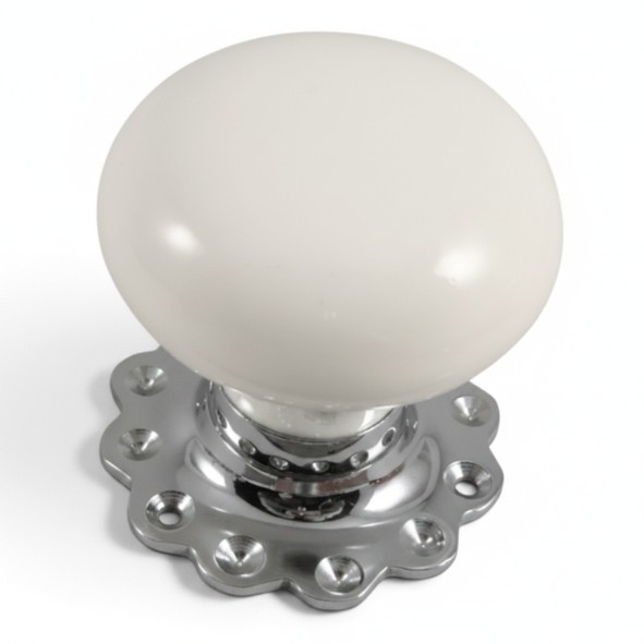 PDF1009F2/CP � White / Polished Chrome � Period Ceramic Mushroom Mortice / Rim Knob Set With Flower Roses
