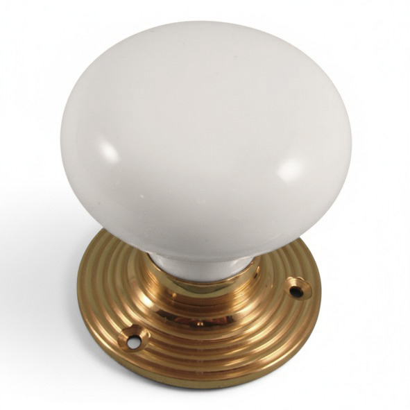 PDF1009R2/PB � White / Polished Brass � Period Ceramic Mushroom Mortice / Rim Knob Set With Ringed Roses