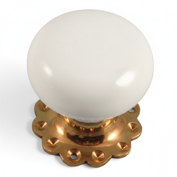 PDF1009F2/PB � White / Polished Brass � Period Ceramic Mushroom Mortice / Rim Knob Set With Flower Roses