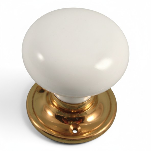 PDF1009P2/PB � White / Polished Brass � Period Ceramic Mushroom Mortice / Rim Knob Set With Classic Roses